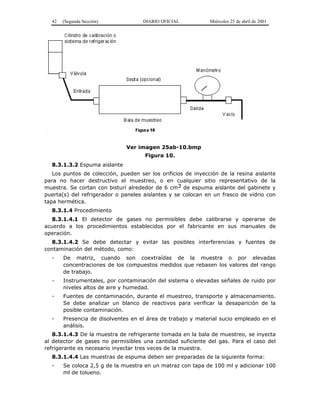 42 (Segunda Sección) DIARIO OFICIAL Miércoles 25 de abril de 2001
Ver imagen 25ab-10.bmp
Figura 10.
8.3.1.3.2 Espuma aislante
Los puntos de colección, pueden ser los orificios de inyección de la resina aislante
para no hacer destructivo el muestreo, o en cualquier sitio representativo de la
muestra. Se cortan con bisturí alrededor de 6 cm3 de espuma aislante del gabinete y
puerta(s) del refrigerador o paneles aislantes y se colocan en un frasco de vidrio con
tapa hermética.
8.3.1.4 Procedimiento
8.3.1.4.1 El detector de gases no permisibles debe calibrarse y operarse de
acuerdo a los procedimientos establecidos por el fabricante en sus manuales de
operación.
8.3.1.4.2 Se debe detectar y evitar las posibles interferencias y fuentes de
contaminación del método, como:
- De matriz, cuando son coextraídas de la muestra o por elevadas
concentraciones de los compuestos medidos que rebasen los valores del rango
de trabajo.
- Instrumentales, por contaminación del sistema o elevadas señales de ruido por
niveles altos de aire y humedad.
- Fuentes de contaminación, durante el muestreo, transporte y almacenamiento.
Se debe analizar un blanco de reactivos para verificar la desaparición de la
posible contaminación.
- Presencia de disolventes en el área de trabajo y material sucio empleado en el
análisis.
8.3.1.4.3 De la muestra de refrigerante tomada en la bala de muestreo, se inyecta
al detector de gases no permisibles una cantidad suficiente del gas. Para el caso del
refrigerante es necesario inyectar tres veces de la muestra.
8.3.1.4.4 Las muestras de espuma deben ser preparadas de la siguiente forma:
- Se coloca 2,5 g de la muestra en un matraz con tapa de 100 ml y adicionar 100
ml de tolueno.
 