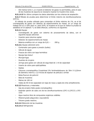 Miércoles 25 de abril de 2001 DIARIO OFICIAL (Segunda Sección) 43
- Del matraz tome 1 µl e inyecte al detector de gases no permisibles, para el caso
de las muestras de espuma es necesario inyectar la muestra tres veces.
8.3.1.4.5 Por último compare los datos obtenidos con los criterios de aceptación.
8.3.2 Método de prueba para determinar el límite máximo de clorofluorocarbonos
(CFC’s).
El método de prueba utilizado para comprobar el límite máximo de 1%, es el de
cromatografía de gases con detector de espectrometría de masas, en un rango de
trabajo de 0,2 a 10% peso vs. peso (P/P), la muestra en la que se realice la prueba se
establece en el capítulo 7 y se debe efectuar, conforme a lo siguiente:
8.3.2.1 Equipo
- Cromatógrafo de gases con sistema de procesamiento de datos, con el
siguiente equipo adicional:
- Inyector para columna capilar
- Detector de espectrometría de masas
- Balanza analítica con un rango de 0,01 – LK13200 g.
8.3.2.2. Equipo adicional vario
- Contenedor para gases a presión (bulbo)
- Válvula de aguja
- Frascos de vidrio con tapa hermética
- Navaja tipo bisturí
- Microjeringas
- Guantes de cirujano
- Jeringa para gases con válvula de seguridad de 1 ml de capacidad
- Inserto de vidrio para split/splitless
- Septas
- Columna cromatográfica Crosslinked 5% fenilmetilsiloxano de 30m X 0,25mm
de diámetro interno y 1,0 micras de espesor de película o similar
- Bolsa fluoruro de polivinil
- Bala de muestreo
- Matraz de 100 ml
- Viales de 40 ml de capacidad con tapa de rosca y septa de cinta antiadherente.
8.3.2.3 Reactivos y materiales
- Gas de arrastre Helio grado cromatográfico
- Estándar patrón de cada uno de los clorofluorocarbonos (CFC-11,CFC12 y CFC-
115)
- Agua reactivo libre de compuestos orgánicos volátiles
- Metanol grado plaguicida o equivalente
- Tolueno grado reactivo.
8.3.2.4 Obtención de las muestras
8.3.2.4.1 Refrigerante
 