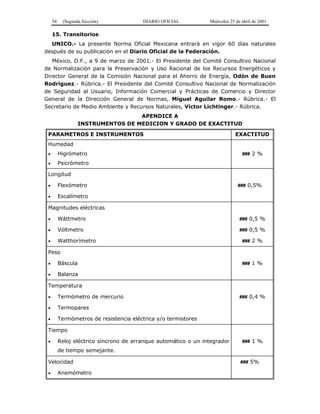 54 (Segunda Sección) DIARIO OFICIAL Miércoles 25 de abril de 2001
15. Transitorios
UNICO.- La presente Norma Oficial Mexicana entrará en vigor 60 días naturales
después de su publicación en el Diario Oficial de la Federación.
México, D.F., a 9 de marzo de 2001.- El Presidente del Comité Consultivo Nacional
de Normalización para la Preservación y Uso Racional de los Recursos Energéticos y
Director General de la Comisión Nacional para el Ahorro de Energía, Odón de Buen
Rodríguez.- Rúbrica.- El Presidente del Comité Consultivo Nacional de Normalización
de Seguridad al Usuario, Información Comercial y Prácticas de Comercio y Director
General de la Dirección General de Normas, Miguel Aguilar Romo.- Rúbrica.- El
Secretario de Medio Ambiente y Recursos Naturales, Víctor Lichtinger.- Rúbrica.
APENDICE A
INSTRUMENTOS DE MEDICION Y GRADO DE EXACTITUD
PARAMETROS E INSTRUMENTOS EXACTITUD
Humedad
• Higrómetro
• Psicrómetro
### 2 %
Longitud
• Flexómetro
• Escalímetro
### 0,5%
Magnitudes eléctricas
• Wáttmetro
• Vóltmetro
• Watthorímetro
### 0,5 %
### 0,5 %
### 2 %
Peso
• Báscula
• Balanza
### 1 %
Temperatura
• Termómetro de mercurio
• Termopares
• Termómetros de resistencia eléctrica y/o termistores
### 0,4 %
Tiempo
• Reloj eléctrico síncrono de arranque automático o un integrador
de tiempo semejante.
### 1 %
Velocidad
• Anemómetro
### 5%
 