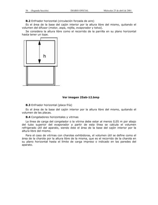 56 (Segunda Sección) DIARIO OFICIAL Miércoles 25 de abril de 2001
B.2 Enfriador horizontal (circulación forzada de aire)
Es el área de la base del cajón interior por la altura libre del mismo, quitando el
volumen del difusor (motor, aspa, rejilla, evaporador y tolva).
Se considera la altura libre como el recorrido de la parrilla en su plano horizontal
hasta tener un tope.
Ver imagen 25ab-12.bmp
B.3 Enfriador horizontal (placa fría)
Es el área de la base del cajón interior por la altura libre del mismo, quitando el
volumen de las placas.
B.4 Congeladores horizontales y vitrinas
La línea de carga del congelador o la vitrina debe estar al menos 0,05 m por abajo
del tubo superior del evaporador a partir de esta línea se calcula el volumen
refrigerado útil del aparato, siendo éste el área de la base del cajón interior por la
altura libre del mismo.
Para el caso de vitrinas con charolas exhibidoras, el volumen útil se define como el
área de la charola por la altura libre de la misma, que es el recorrido de la charola en
su plano horizontal hasta el límite de carga impreso o indicado en las paredes del
aparato.
 