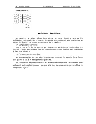 64 (Segunda Sección) DIARIO OFICIAL Miércoles 25 de abril de 2001
Ver imagen 25ab-22.bmp
Los sensores se deben colocar intercalados, de forma similar al caso de los
enfriadores horizontales de circulación forzada de aire, colocando cada dos niveles un
sensor en el centro del equipo, comenzando por el nivel uno.
E.4 Congeladores verticales
Para la colocación de los sensores en congeladores verticales se deben aplicar los
mismos criterios y técnica que para los enfriadores verticales, especificados en el inciso
E.2 de este apéndice.
E.5 Congeladores horizontales
Los sensores deben ser colocados cercanos a los extremos del aparato, de tal forma
que queden a 0,075 m de la pared del gabinete.
Los sensores se deben colocar en la fila superior del congelador, un sensor se debe
colocar al centro del congelador y cercano a la línea de carga, como se ejemplifica en
la siguiente figura.
 