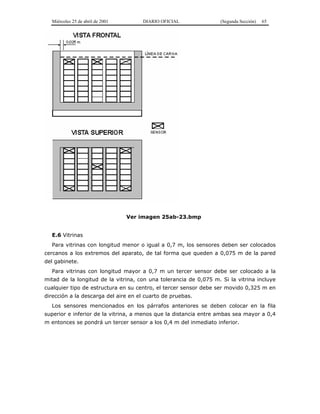 Miércoles 25 de abril de 2001 DIARIO OFICIAL (Segunda Sección) 65
Ver imagen 25ab-23.bmp
E.6 Vitrinas
Para vitrinas con longitud menor o igual a 0,7 m, los sensores deben ser colocados
cercanos a los extremos del aparato, de tal forma que queden a 0,075 m de la pared
del gabinete.
Para vitrinas con longitud mayor a 0,7 m un tercer sensor debe ser colocado a la
mitad de la longitud de la vitrina, con una tolerancia de 0,075 m. Si la vitrina incluye
cualquier tipo de estructura en su centro, el tercer sensor debe ser movido 0,325 m en
dirección a la descarga del aire en el cuarto de pruebas.
Los sensores mencionados en los párrafos anteriores se deben colocar en la fila
superior e inferior de la vitrina, a menos que la distancia entre ambas sea mayor a 0,4
m entonces se pondrá un tercer sensor a los 0,4 m del inmediato inferior.
 