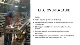 23
• Asfixia.
• Fiebre metálica. (soldadura de Zn, Cu).
• Patologías de tipo irritativo en aparato digestivo y/o vías
respiratorias.
• Edema pulmonar, fibrosis y alteraciones funcionales,
muerte.
• Berilosis, siderosis (polvo de berilio o hierro en los
pulmones).
• Cáncer de pulmón y/o de la cavidad nasal en la soldadura
de acero inoxidable por la presencia de Cr (VI).
EFECTOS EN LA SALUD
 