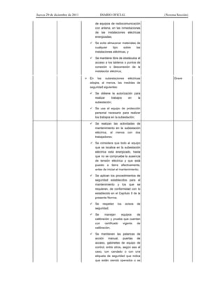 Jueves 29 de diciembre de 2011 DIARIO OFICIAL (Novena Sección)
de equipos de radiocomunicación
con antena, en las inmediaciones
de las instalaciones eléctricas
energizadas;
Se evita almacenar materiales de
cualquier tipo sobre las
instalaciones eléctricas, y
Se mantiene libre de obstáculos el
acceso a los tableros o puntos de
conexión o desconexión de la
instalación eléctrica;
En las subestaciones eléctricas
adopta, al menos, las medidas de
seguridad siguientes:
Se obtiene la autorización para
realizar trabajos en la
subestación;
Se usa el equipo de protección
personal necesario para realizar
los trabajos en la subestación;
Grave
Se realizan las actividades de
mantenimiento en la subestación
eléctrica, al menos con dos
trabajadores;
Se considera que todo el equipo
que se localice en la subestación
eléctrica está energizado, hasta
que no se compruebe la ausencia
de tensión eléctrica y que está
puesto a tierra efectivamente,
antes de iniciar el mantenimiento;
Se aplican los procedimientos de
seguridad establecidos para el
mantenimiento y los que se
requieran, de conformidad con lo
establecido en el Capítulo 8 de la
presente Norma;
Se respetan los avisos de
seguridad;
Se manejan equipos de
calibración y prueba que cuentan
con certificado vigente de
calibración;
Se mantienen las palancas de
acción manual, puertas de
acceso, gabinetes de equipo de
control, entre otros, según sea el
caso, con candado o con una
etiqueta de seguridad que indica
que están siendo operados o se
 