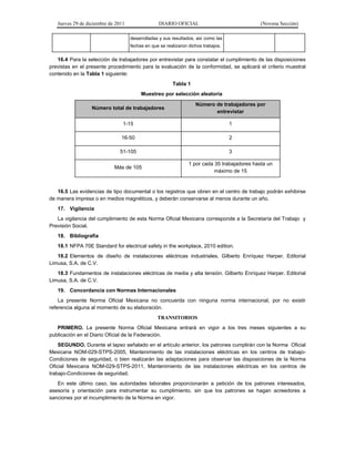 Jueves 29 de diciembre de 2011 DIARIO OFICIAL (Novena Sección)
desarrolladas y sus resultados, así como las
fechas en que se realizaron dichos trabajos.
16.4 Para la selección de trabajadores por entrevistar para constatar el cumplimiento de las disposiciones
previstas en el presente procedimiento para la evaluación de la conformidad, se aplicará el criterio muestral
contenido en la Tabla 1 siguiente:
Tabla 1
Muestreo por selección aleatoria
Número total de trabajadores
Número de trabajadores por
entrevistar
1-15 1
16-50 2
51-105 3
Más de 105
1 por cada 35 trabajadores hasta un
máximo de 15
16.5 Las evidencias de tipo documental o los registros que obren en el centro de trabajo podrán exhibirse
de manera impresa o en medios magnéticos, y deberán conservarse al menos durante un año.
17. Vigilancia
La vigilancia del cumplimiento de esta Norma Oficial Mexicana corresponde a la Secretaría del Trabajo y
Previsión Social.
18. Bibliografía
18.1 NFPA 70E Standard for electrical safety in the workplace, 2010 edition.
18.2 Elementos de diseño de instalaciones eléctricas industriales. Gilberto Enríquez Harper. Editorial
Limusa, S.A. de C.V.
18.3 Fundamentos de instalaciones eléctricas de media y alta tensión. Gilberto Enríquez Harper. Editorial
Limusa, S.A. de C.V.
19. Concordancia con Normas Internacionales
La presente Norma Oficial Mexicana no concuerda con ninguna norma internacional, por no existir
referencia alguna al momento de su elaboración.
TRANSITORIOS
PRIMERO. La presente Norma Oficial Mexicana entrará en vigor a los tres meses siguientes a su
publicación en el Diario Oficial de la Federación.
SEGUNDO. Durante el lapso señalado en el artículo anterior, los patrones cumplirán con la Norma Oficial
Mexicana NOM-029-STPS-2005, Mantenimiento de las instalaciones eléctricas en los centros de trabajo-
Condiciones de seguridad, o bien realizarán las adaptaciones para observar las disposiciones de la Norma
Oficial Mexicana NOM-029-STPS-2011, Mantenimiento de las instalaciones eléctricas en los centros de
trabajo-Condiciones de seguridad.
En este último caso, las autoridades laborales proporcionarán a petición de los patrones interesados,
asesoría y orientación para instrumentar su cumplimiento, sin que los patrones se hagan acreedores a
sanciones por el incumplimiento de la Norma en vigor.
 