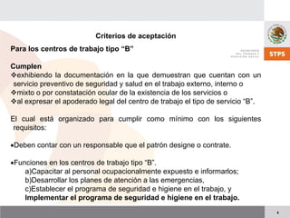 6
Criterios de aceptación
Para los centros de trabajo tipo “B”
Cumplen
exhibiendo la documentación en la que demuestran que cuentan con un
servicio preventivo de seguridad y salud en el trabajo externo, interno o
mixto o por constatación ocular de la existencia de los servicios o
al expresar el apoderado legal del centro de trabajo el tipo de servicio “B”.
El cual está organizado para cumplir como mínimo con los siguientes
requisitos:
•Deben contar con un responsable que el patrón designe o contrate.
•Funciones en los centros de trabajo tipo “B”.
a)Capacitar al personal ocupacionalmente expuesto e informarlos;
b)Desarrollar los planes de atención a las emergencias,
c)Establecer el programa de seguridad e higiene en el trabajo, y
Implementar el programa de seguridad e higiene en el trabajo.
 