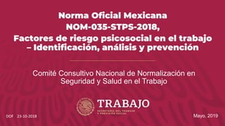 Comité Consultivo Nacional de Normalización en
Seguridad y Salud en el Trabajo
Norma Oficial Mexicana
NOM-035-STPS-2018,
Factores de riesgo psicosocial en el trabajo
– Identificación, análisis y prevención
Mayo, 2019DOF 23-10-2018
 