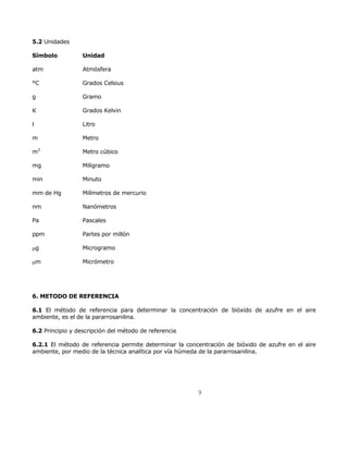 9 
5.2 Unidades 
Símbolo Unidad 
atm Atmósfera 
°C Grados Celsius 
g Gramo 
K Grados Kelvin 
l Litro 
m Metro 
m3 Metro cúbico 
mg Miligramo 
min Minuto 
mm de Hg Milímetros de mercurio 
nm Nanómetros 
Pa Pascales 
ppm Partes por millón 
μg Microgramo 
μm Micrómetro 
6. METODO DE REFERENCIA 
6.1 El método de referencia para determinar la concentración de bióxido de azufre en el aire 
ambiente, es el de la pararrosanilina. 
6.2 Principio y descripción del método de referencia 
6.2.1 El método de referencia permite determinar la concentración de bióxido de azufre en el aire 
ambiente, por medio de la técnica analítica por vía húmeda de la pararrosanilina. 
 