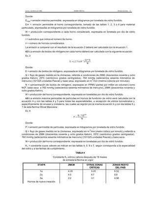 Jueves 1 de febrero de 1996 DIARIO OFICIAL (Primera Sección) 9 
Donde: 
Emax= emisión máxima permisible, expresada en kilogramos por tonelada de vidrio fundido. 
Em = emisión permisible al horno correspondiente, tomado de las tablas 1, 2, 3 o 4 para material 
particulado, expresadas en kilogramos por tonelada de vidrio fundido. 
W = producción correspondiente a cada horno considerado, expresada en tonelada por día de vidrio 
fundido. 
i = subíndice que indica el número de horno. 
n = número de hornos considerados. 
La emisión a comparar con el resultado de la ecuación 2 deberá ser calculada con la ecuación 1. 
4.5 La emisión de óxidos de nitrógeno en cada horno deberá ser calculada con la siguiente ecuación: 
Ec. 3 
E x 
Q N 
W 
= ( . - ) 
* 
2 71 10 3 
Donde: 
E = emisión de óxidos de nitrógeno, expresada en kilogramos por tonelada de vidrio fundido. 
Q = flujo de gases medido en la chimenea, referida a condiciones de 298K (doscientos noventa y ocho 
grados Kelvin), 25ºC (veinticinco grados centígrados), 760 mmHg (setecientos sesenta milímetros de 
mercurio) (101325 unidades Pascal) y base seca, expresado en m3/min (metros cúbicos por minutos). 
N = concentración de óxidos de nitrógeno, expresada en PPMV (partes por millón en volumen) como 
NO2, base seca a 760 mmHg (setecientos sesenta milímetros de mercurio), 298K (doscientos noventa y 
ocho grados Kelvin). 
W = producción del horno correspondiente, expresada en toneladas por día de vidrio fundido. 
4.6 La emisión máxima permisible de partículas en hornos de fundición de vidrio será calculada con la 
ecuación 4 y con las tablas 4 y 5 para todas las especialidades, a excepción de vidrios borosilicatos y 
especificamente de envase y cristalería, las cuales se regirán por la misma ecuación 4 y con las tablas 6 y 
7 de esta Norma Oficial Mexicana: 
Ec. 4 
P 
K Q 
W 
= 1 
* 0.58 
Donde: 
P = emisión permisible de partículas, expresada en kilogramos por tonelada de vidrio fundido. 
Q = flujo de gases medido en la chimenea, expresado en m3/min (metro cúbico por minuto) y referido a 
condiciones de 298K (doscientos noventa y ocho grados Kelvin), 25ºC (veinticinco grados centígrados), 
760 mmHg (setecientos sesenta milímetros de mercurio) (101325 unidades Pascal) y base seca. 
W = producción del horno correspondiente, expresada en toneladas por día de vidrio fundido. 
K1 = constante cuyos valores se indican en las tablas 4, 5, 6 o 7, según corresponda a la especialidad 
del vidrio y a las fechas de cumplimiento. 
TABLA 4 
Constante K1 vidrios calizos después de 18 meses 
de entrada la Norma en vigor: 
ETAPA ZMCM OTRAS ZONAS 
CRITICAS 
ZONAS RESTO 
DEL PAIS 
1a. 4.35 5.20 6.52 
2a. 4.0 4.7 5.9 
3a. 2.2 3.1 4.56 
Hornos de nueva creación 
 