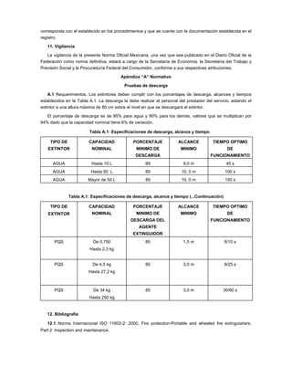 corresponda con el establecido en los procedimientos y que se cuente con la documentación establecida en el
registro.

   11. Vigilancia

   La vigilancia de la presente Norma Oficial Mexicana, una vez que sea publicado en el Diario Oficial de la
Federación como norma definitiva, estará a cargo de la Secretaría de Economía, la Secretaría del Trabajo y
Previsión Social y la Procuraduría Federal del Consumidor, conforme a sus respectivas atribuciones.

                                         Apéndice “A” Normativo

                                           Pruebas de descarga

    A.1 Requerimientos. Los extintores deben cumplir con los porcentajes de descarga, alcances y tiempos
establecidos en la Tabla A.1. La descarga la debe realizar el personal del prestador del servicio, estando el
extintor a una altura máxima de 80 cm sobre el nivel en que se descargará el extintor.

   El porcentaje de descarga es de 95% para agua y 90% para los demás, valores que se multiplican por
94% dado que la capacidad nominal tiene 6% de variación.

                         Tabla A.1: Especificaciones de descarga, alcance y tiempo

     TIPO DE             CAPACIDAD             PORCENTAJE              ALCANCE           TIEMPO OPTIMO
   EXTINTOR               NOMINAL                MINIMO DE              MINIMO                  DE
                                                 DESCARGA                              FUNCIONAMIENTO
      AGUA                Hasta 10 L                  89                 9,0 m                 45 s
      AGUA                Hasta 50 L                  89                10, 0 m                100 s
      AGUA              Mayor de 50 L                 89                10, 0 m                150 s


               Tabla A.1: Especificaciones de descarga, alcance y tiempo (...Continuación)

     TIPO DE             CAPACIDAD             PORCENTAJE              ALCANCE           TIEMPO OPTIMO
   EXTINTOR               NOMINAL                MINIMO DE              MINIMO                  DE
                                              DESCARGA DEL                             FUNCIONAMIENTO
                                                  AGENTE
                                               EXTINGUIDOR
       PQS                 De 0,750                   85                 1,5 m                8/10 s
                         Hasta 2,3 kg


       PQS                De 4,5 kg                   85                 3,0 m                8/25 s
                        Hasta 27,2 kg



       PQS                 De 34 kg                   85                 3,0 m                30/60 s
                         Hasta 250 kg


   12. Bibliografía

   12.1 Norma Internacional ISO 11602-2: 2000, Fire protection-Portable and wheeled fire extinguishers.
Part 2: Inspection and maintenance.
 
