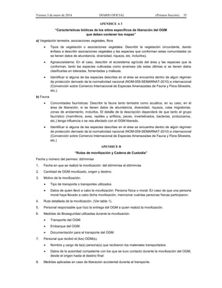 Viernes 3 de enero de 2014 DIARIO OFICIAL (Primera Sección) 35 
APENDICE A 3 
“Características bióticas de los sitios específicos de liberación del OGM 
que deben contener los mapas” 
a) Vegetación terrestre, asociaciones vegetales, flora 
· Tipos de vegetación o asociaciones vegetales: Describir la vegetación circundante, dando 
énfasis a describir asociaciones vegetales y las especies que conforman estas comunidades (si 
se tienen datos de abundancia, diversidad, riqueza, etc. incluirlos). 
· Agroecosistema: En el caso, describir el ecosistema agrícola del área y las especies que la 
conforman, tanto las especies cultivadas como arvenses (de estas últimas si se tienen datos 
clasificarlas en toleradas, fomentadas y malezas. 
· Identificar si alguna de las especies descritas en el área se encuentra dentro de algún régimen 
de protección derivado de la normatividad nacional (NOM-059-SEMARNAT-2010) e internacional 
(Convención sobre Comercio Internacional de Especies Amenazadas de Fauna y Flora Silvestre, 
etc.). 
b) Fauna 
· Comunidades faunísticas: Describir la fauna tanto terrestre como acuática, en su caso, en el 
área de liberación, si se tienen datos de abundancia, diversidad, riqueza, rutas migratorias, 
zonas de anidamiento, incluirlos. El detalle de la descripción dependerá de que tanto el grupo 
faunístico (mamíferos, aves, reptiles y anfibios, peces, invertebrados, bacterias, protozoarios, 
etc.) tenga influencia o se vea afectado con el OGM liberado. 
· Identificar si alguna de las especies descritas en el área se encuentra dentro de algún régimen 
de protección derivado de la normatividad nacional (NOM-059-SEMARNAT-2010) e internacional 
(Convención sobre Comercio Internacional de Especies Amenazadas de Fauna y Flora Silvestre, 
etc.) 
APENDICE B 
“Rutas de movilización y Cadena de Custodia” 
Fecha y número del permiso: dd/mm/aa 
1. Fecha en que se realizó la movilización: del dd/mm/aa al dd/mm/aa 
2. Cantidad de OGM movilizado, origen y destino. 
3. Motivo de la movilización. 
· Tipo de transporte o transportes utilizados 
· Datos de quien llevó a cabo la movilización: Persona física o moral. En caso de que una persona 
moral haya llevado a cabo dicha movilización, mencionar cuántas personas físicas participaron. 
4. Ruta detallada de la movilización. (Ver tabla 1). 
5. Personal responsable que hizo la entrega del OGM a quien realizó la movilización. 
6. Medidas de Bioseguridad utilizadas durante la movilización. 
· Transporte del OGM: 
· Embarque del OGM: 
· Documentación para el transporte del OGM: 
7. Personal que recibió el (los) OGM(s). 
· Nombre y cargo de la(s) persona(s) que recibieron los materiales transportados: 
· Datos de la autoridad competente con los que se tuvo contacto durante la movilización del OGM, 
desde el origen hasta el destino final: 
8. Medidas aplicadas en caso de liberación accidental durante el transporte. 
 
