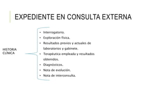 EXPEDIENTE EN CONSULTA EXTERNA
• Interrogatorio.
• Exploración física.
• Resultados previos y actuales de
laboratorios y gabinete.
• Terapéutica empleada y resultados
obtenidos.
• Diagnósticos.
• Nota de evolución.
• Nota de interconsulta.
HISTORIA
CLÍNICA
 