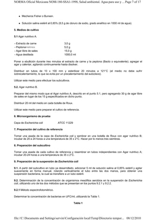 NORMA Oficial Mexicana NOM-180-SSA1-1998, Salud ambiental. Agua para uso y ... Page 7 of 17



       Mecheros Fisher o Bunsen.

       Solución salina estéril al 0,85% (8,5 g de cloruro de sodio, grado analítico en 1000 ml de agua).

5. Medios de cultivo

5.1 Agar nutritivo A.

- Extracto de carne                          3,0 g
- Peptonametmex                              5,0 g
- Agar libre de sales                        15,0 g
- Agua destilada                             1000,0 ml

Poner a ebullición durante tres minutos el extracto de carne y la peptona (Bacto o equivalente); agregar el
agar y calentar, agitando continuamente hasta disolver.

Distribuir en tubos de 10 x 100 mm y esterilizar 20 minutos a 121°C (el medio no debe sufrir
sobrecalentamiento, lo que se evita por un precalentamiento del autoclave).

Utilizar este medio para efectuar los subcultivos.

5.2. Agar nutritivo B.

Preparar del mismo modo que el Agar nutritivo A, descrito en el punto 5.1, pero agregando 30 g de agar libre
de sales en lugar de los 15 g especificados en dicho punto.

Distribuir 20 ml del medio en cada botella de Roux.

Utilizar este medio para preparar el cultivo de referencia.

6. Microorganismo de prueba

Cepa de Escherichia coli               ATCC 11229

7. Preparación del cultivo de referencia

Tomar una asada de la cepa de Escherichia coli y sembrar en una botella de Roux con agar nutritivo B;
incubar de 20 a 24 horas a una temperatura de 35 ± 2°C. Hacer por lo menos tres siembras.

8. Preparación del subcultivo

Tomar una asada de cada cultivo de referencia y resembrar en tubos independientes con Agar nutritivo A;
incubar 20-24 horas a una temperatura de 35 ± 2°C.

9. Preparación de la suspensión de Escherichia coli

9.1. A partir del subcultivo en tubo ya desarrollado, adicionar 5 ml de solución salina al 0,85% estéril y agitar
suavemente en forma manual, rotando verticalmente el tubo entre las dos manos, para obtener una
suspensión bacteriana, la cual se transfiere a un tubo estéril.

9.2. Determinación de la concentración de organismos mesófilos aerobios en la suspensión de Escherichia
coli, utilizando uno de los dos métodos que se presentan en los puntos 9.2.1 y 9.2.2.

9.2.1 Método espectrofotométrico.

Determinar la concentración de bacterias en UFC/ml, utilizando la Tabla 1.

                                                      Tabla 1




file://C:Documents and SettingsserviniConfiguración localTempDirectorio tempor... 08/12/2010
 