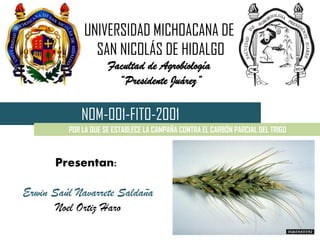 UNIVERSIDAD MICHOACANA DE
SAN NICOLÁS DE HIDALGO
Facultad de Agrobiología
“Presidente Juárez”
Presentan:
Erwin Saúl Navarrete Saldaña
Noel Ortiz Haro
NOM-001-FITO-2001
POR LA QUE SE ESTABLECE LA CAMPAÑA CONTRA EL CARBÓN PARCIAL DEL TRIGO
 