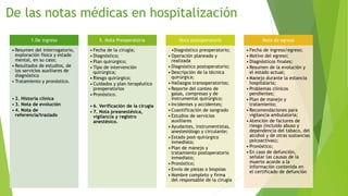 De las notas médicas en hospitalización
1.De ingreso
• Resumen del interrogatorio,
exploración física y estado
mental, en su caso;
• Resultados de estudios, de
los servicios auxiliares de
diagnóstico
• Tratamiento y pronóstico.
• 2. Historia clínica
• 3. Nota de evolución
• 4. Nota de
referencia/traslado
5. Nota Preoperatoria
• Fecha de la cirugía;
• Diagnóstico;
• Plan quirúrgico;
• Tipo de intervención
quirúrgica;
• Riesgo quirúrgico;
• Cuidados y plan terapéutico
preoperatorios
• Pronóstico.
• 6. Verificación de la cirugía
• 7. Nota preanestésica,
vigilancia y registro
anestésico.
Nota postoperatoria
•Diagnóstico preoperatorio;
• Operación planeada y
realizada
• Diagnóstico postoperatorio;
• Descripción de la técnica
quirúrgica;
• Hallazgos transoperatorios;
• Reporte del conteo de
gasas, compresas y de
instrumental quirúrgico;
• Incidentes y accidentes;
• Cuantificación de sangrado
• Estudios de servicios
auxiliares
• Ayudantes, instrumentistas,
anestesiólogo y circulante;
• Estado post-quirúrgico
inmediato;
• Plan de manejo y
tratamiento postoperatorio
inmediato;
• Pronóstico;
• Envío de piezas o biopsias
• Nombre completo y firma
del responsable de la cirugía
Nota de egreso
• Fecha de ingreso/egreso;
• Motivo del egreso;
• Diagnósticos finales;
• Resumen de la evolución y
el estado actual;
• Manejo durante la estancia
hospitalaria;
• Problemas clínicos
pendientes;
• Plan de manejo y
tratamiento;
• Recomendaciones para
vigilancia ambulatoria;
• Atención de factores de
riesgo (incluido abuso y
dependencia del tabaco, del
alcohol y de otras sustancias
psicoactivas);
• Pronóstico;
• En caso de defunción,
señalar las causas de la
muerte acorde a la
información contenida en
el certificado de defunción
 