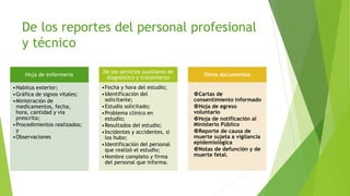 De los reportes del personal profesional
y técnico
Hoja de enfermería
•Habitus exterior;
•Gráfica de signos vitales;
•Ministración de
medicamentos, fecha,
hora, cantidad y vía
prescrita;
•Procedimientos realizados;
y
•Observaciones
De los servicios auxiliares de
diagnóstico y tratamiento
•Fecha y hora del estudio;
•Identificación del
solicitante;
•Estudio solicitado;
•Problema clínico en
estudio;
•Resultados del estudio;
•Incidentes y accidentes, si
los hubo;
•Identificación del personal
que realizó el estudio;
•Nombre completo y firma
del personal que informa.
Otros documentos
Cartas de
consentimiento informado
Hoja de egreso
voluntario
Hoja de notificación al
Ministerio Público
Reporte de causa de
muerte sujeta a vigilancia
epidemiológica
Notas de defunción y de
muerte fetal.
 