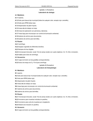 Martes 8 de enero de 2013 DIARIO OFICIAL (Segunda Sección)
Apéndice A (Normativo)
Laboratorio de citología
A.1 Mobiliario
A.1.1 asiento;
A.1.2 bote para basura tipo municipal (bolsa de cualquier color, excepto rojo o amarillo);
A.1.3 bote para RPBI (bolsa roja);
A.1.4 dispensador de jabón líquido;
A.1.5 mesa alta de trabajo con tarja;
A.1.6 mesa de exploración con pierneras y taloneras;
A.1.7 mesa baja para microscopio con control de iluminación ambiental;
A.1.8 sistema de archivo para documentos;
A.1.9 sistema de archivo para laminillas.
A.2 Equipo
A.2.1 centrífuga;
A.2.2 espejos vaginales de diferentes tamaños;
A.2.3 lámpara de haz dirigible;
A.2.4 microscopio binocular, ocular 10x de campo amplio con cuatro objetivos: 3.2, 10, 40x e inmersión;
A.2.5 rejillas para tubos de centrífuga.
A.3 Accesorios
A.3.1 cajas de tinción con las gradillas correspondientes;
A.3.2 tubos de ensayo de 5 y 10 ml para centrífuga.
Apéndice B (Normativo)
Laboratorio de histopatología
B.1 Mobiliario
B.1 asiento;
B.2 bote para basura tipo municipal (bolsa de cualquier color, excepto rojo o amarillo);
B.3 bote para RPBI (bolsa roja);
B.4 dispensador de jabón líquido;
B.5 mesa alta de trabajo con tarja;
B.6 mesa baja para microscopio con control de iluminación ambiental;
B.7 sistema de archivo para documentos;
B.8 sistema de archivo para laminillas.
B.2 Equipo
B.2.1 microscopio binocular, ocular 10x de campo amplio con cuatro objetivos: 3.2, 10, 40x e inmersión;
B.2.2 microtomo para muestras incluidas en parafina;
B.2.3 microtomo para corte de muestras por congelación;
B.2.4 Sistema de inclusión en parafina.
B.3 Accesorio
B.3.1 cajas de tinción con las gradillas correspondientes.
 