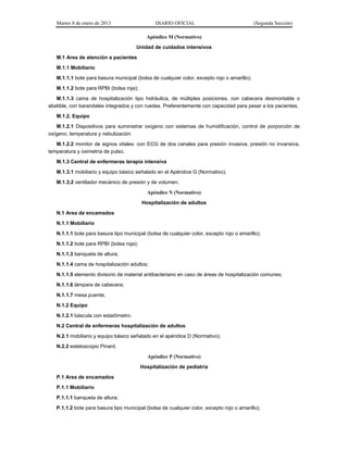 Martes 8 de enero de 2013 DIARIO OFICIAL (Segunda Sección)
Apéndice M (Normativo)
Unidad de cuidados intensivos
M.1 Area de atención a pacientes
M.1.1 Mobiliario
M.1.1.1 bote para basura municipal (bolsa de cualquier color, excepto rojo o amarillo);
M.1.1.2 bote para RPBI (bolsa roja);
M.1.1.3 cama de hospitalización tipo hidráulica, de múltiples posiciones, con cabecera desmontable o
abatible, con barandales integrados y con ruedas. Preferentemente con capacidad para pesar a los pacientes.
M.1.2. Equipo
M.1.2.1 Dispositivos para suministrar oxígeno con sistemas de humidificación, control de porporción de
oxígeno, temperatura y nebulización
M.1.2.2 monitor de signos vitales: con ECG de dos canales para presión invasiva, presión no invansiva,
temperatura y oximetría de pulso.
M.1.3 Central de enfermeras terapia intensiva
M.1.3.1 mobiliario y equipo básico señalado en el Apéndice G (Normativo);
M.1.3.2 ventilador mecánico de presión y de volumen.
Apéndice N (Normativo)
Hospitalización de adultos
N.1 Area de encamados
N.1.1 Mobiliario
N.1.1.1 bote para basura tipo municipal (bolsa de cualquier color, excepto rojo o amarillo);
N.1.1.2 bote para RPBI (bolsa roja);
N.1.1.3 banqueta de altura;
N.1.1.4 cama de hospitalización adultos;
N.1.1.5 elemento divisorio de material antibacteriano en caso de áreas de hospitalización comunes;
N.1.1.6 lámpara de cabecera;
N.1.1.7 mesa puente.
N.1.2 Equipo
N.1.2.1 báscula con estadímetro.
N.2 Central de enfermeras hospitalización de adultos
N.2.1 mobiliario y equipo básico señalado en el apéndice D (Normativo);
N.2.2 estetoscopio Pinard.
Apéndice P (Normativo)
Hospitalización de pediatría
P.1 Area de encamados
P.1.1 Mobiliario
P.1.1.1 banqueta de altura;
P.1.1.2 bote para basura tipo municipal (bolsa de cualquier color, excepto rojo o amarillo);
 