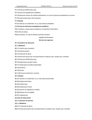 (Segunda Sección) DIARIO OFICIAL Martes 8 de enero de 2013
P.1.1.3 bote para RPBI (bolsa roja);
P.1.1.4 cama de hospitalización pediátrica;
P.1.1.5 elemento divisorio de material antibacteriano, en caso de áreas de hospitalización comunes;
P.1.1.6 mesa puente (para niños mayores).
P.1.2 Equipo
P.1.2.1 báscula con estadímetro, en su caso báscula pesabebés.
P.2 Central de enfermeras hospitalización pediátrica
P.2.1 mobiliario y equipo básico señalado en el apéndice D (Normativo);
P.2.1 baño de artesa;
P.2.2 incubadora, en caso de atender pacientes neonatos.
Apéndice Q (Normativo)
Servicio de urgencias
Q.1 Consultorio de valoración
Q.1.1 Mobiliario
Q.1.1.1 asiento para el paciente
Q.1.1.2 asiento giratorio;
Q.1.1.3 banqueta de altura;
Q.1.1.4 bote para basura tipo municipal (bolsa de cualquier color, excepto rojo o amarillo);
Q.1.1.5 bote para RPBI (bolsa roja);
Q.1.1.6 dispensador de jabón líquido
Q.1.1.7 dispensador de toallas desechables
Q.1.1.8 escritorio;
Q.1.1.9 lavabo;
Q.1.1.10 mesa de exploración universal;
Q.1.2 Equipo
Q.1.2.1 báscula con estadímetro, en su caso báscula pesa bebé;
Q.1.2.2 esfigmomanómetro;
Q.1.2.3 estetoscopio;
Q.1.2.4 estetoscopio Pinard;
Q.1.2.5 estuche de diagnóstico completo;
Q.1.2.6 lámpara de haz dirigible;
Q.1.2.7 negatoscopio.
Q.2 Area de observación
Q.2.1 Cubículos de atención
Q.2.1.1 Mobiliario
Q.2.1.1.1 banqueta de altura;
Q.2.1.1.2 bote para basura tipo municipal (bolsa de cualquier color, excepto rojo o amarillo);
 