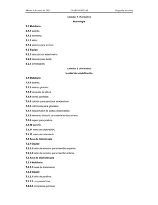 Martes 8 de enero de 2013 DIARIO OFICIAL (Segunda Sección)
Apéndice S (Normativo)
Nutriología
S.1 Mobiliario
S.1.1 asiento;
S.1.2 escritorio;
S.1.3 sillón;
S.1.4 sistema para archivo.
S.2 Equipo
S.2.1 báscula con estadímetro;
S.2.2 báscula pesa bebé;
S.2.3 somatógrafo.
Apéndice T (Normativo)
Unidad de rehabilitación
T.1 Mobiliario
T.1.1 asiento;
T.1.2 asiento giratorio;
T.1.3 banqueta de altura;
T.1.4 barras paralelas;
T.1.5 colchón para ejercicios terapéuticos;
T.1.6 colchoneta para gimnasio;
T.1.7 despachador de toallas desechables;
T.1.8 elemento divisorio de material antibacteriano;
T.1.9 espejo para postura;
T.1.10 gancho;
T.1.11 mesa de exploración;
T.1.12 mesa de tratamiento.
T.2 Area de hidroterapia
T.2.1 Equipo
T.2.1.1 baño de remolino para miembro superior;
T.2.1.2 baño de remolino para miembro inferior.
T.3 Area de electroterapia
T.3.1 Mobiliario
T.3.1.1 mesa de tratamiento.
T.3.2 Equipo
T.3.2.1 baño de parafina;
T.3.2.2 compresas frías;
T.3.2.3 compresas químicas;
 