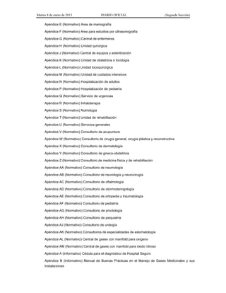 Martes 8 de enero de 2013 DIARIO OFICIAL (Segunda Sección)
Apéndice E (Normativo) Area de mamografía
Apéndice F (Normativo) Area para estudios por ultrasonografía
Apéndice G (Normativo) Central de enfermeras
Apéndice H (Normativo) Unidad quirúrgica
Apéndice J (Normativo) Central de equipos y esterilización
Apéndice K (Normativo) Unidad de obstetricia o tocología
Apéndice L (Normativo) Unidad tocoquirúrgica
Apéndice M (Normativo) Unidad de cuidados intensivos
Apéndice N (Normativo) Hospitalización de adultos
Apéndice P (Normativo) Hospitalización de pediatría
Apéndice Q (Normativo) Servicio de urgencias
Apéndice R (Normativo) Inhaloterapia
Apéndice S (Normativo) Nutriología
Apéndice T (Normativo) Unidad de rehabilitación
Apéndice U (Normativo) Servicios generales
Apéndice V (Normativo) Consultorio de acupuntura
Apéndice W (Normativo) Consultorio de cirugía general, cirugía plástica y reconstructiva
Apéndice X (Normativo) Consultorio de dermatología
Apéndice Y (Normativo) Consultorio de gineco-obstetricia
Apéndice Z (Normativo) Consultorio de medicina física y de rehabilitación
Apéndice AA (Normativo) Consultorio de neumología
Apéndice AB (Normativo) Consultorio de neurología y neurocirugía
Apéndice AC (Normativo) Consultorio de oftalmología
Apéndice AD (Normativo) Consultorio de otorrinolaringología
Apéndice AE (Normativo) Consultorio de ortopedia y traumatología
Apéndice AF (Normativo) Consultorio de pediatría
Apéndice AG (Normativo) Consultorio de proctología
Apéndice AH (Normativo) Consultorio de psiquiatría
Apéndice AJ (Normativo) Consultorio de urología
Apéndice AK (Normativo) Consultorios de especialidades de estomatología
Apéndice AL (Normativo) Central de gases con manifold para oxígeno
Apéndice AM (Normativo) Central de gases con manifold para óxido nitroso
Apéndice A (Informativo) Cédula para el diagnóstico de Hospital Seguro
Apéndice B (Informativo) Manual de Buenas Prácticas en el Manejo de Gases Medicinales y sus
Instalaciones
 