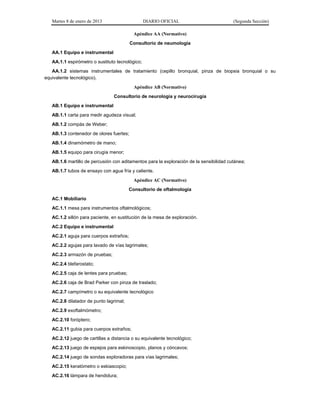 Martes 8 de enero de 2013 DIARIO OFICIAL (Segunda Sección)
Apéndice AA (Normativo)
Consultorio de neumología
AA.1 Equipo e instrumental
AA.1.1 espirómetro o sustituto tecnológico;
AA.1.2 sistemas instrumentales de tratamiento (cepillo bronquial, pinza de biopsia bronquial o su
equivalente tecnológico).
Apéndice AB (Normativo)
Consultorio de neurología y neurocirugía
AB.1 Equipo e instrumental
AB.1.1 carta para medir agudeza visual;
AB.1.2 compás de Weber;
AB.1.3 contenedor de olores fuertes;
AB.1.4 dinamómetro de mano;
AB.1.5 equipo para cirugía menor;
AB.1.6 martillo de percusión con aditamentos para la exploración de la sensibilidad cutánea;
AB.1.7 tubos de ensayo con agua fría y caliente.
Apéndice AC (Normativo)
Consultorio de oftalmología
AC.1 Mobiliario
AC.1.1 mesa para instrumentos oftalmológicos;
AC.1.2 sillón para paciente, en sustitución de la mesa de exploración.
AC.2 Equipo e instrumental
AC.2.1 aguja para cuerpos extraños;
AC.2.2 agujas para lavado de vías lagrimales;
AC.2.3 armazón de pruebas;
AC.2.4 blefarostato;
AC.2.5 caja de lentes para pruebas;
AC.2.6 caja de Brad Parker con pinza de traslado;
AC.2.7 campímetro o su equivalente tecnológico
AC.2.8 dilatador de punto lagrimal;
AC.2.9 exoftalmómetro;
AC.2.10 foróptero;
AC.2.11 gubia para cuerpos extraños;
AC.2.12 juego de cartillas a distancia o su equivalente tecnológico;
AC.2.13 juego de espejos para eskinoscopio, planos y cóncavos;
AC.2.14 juego de sondas exploradoras para vías lagrimales;
AC.2.15 keratómetro o eskiascopio;
AC.2.16 lámpara de hendidura;
 