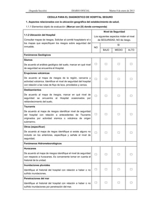 (Segunda Sección) DIARIO OFICIAL Martes 8 de enero de 2013
CEDULA PARA EL DIAGNOSTICO DE HOSPITAL SEGURO
1. Aspectos relacionados con la ubicación geográfica del establecimiento de salud.
1.1.1 Elementos objeto de evaluación: (Marcar con (X) donde corresponda)
1.1.2 Ubicación del Hospital
Consultar mapas de riesgos. Solicitar al comité hospitalario el o
los mapas que especifiquen los riesgos sobre seguridad del
inmueble.
Nivel de Seguridad
Los siguientes aspectos miden el nivel
de SEGURIDAD, NO de riesgo.
NO
SI
BAJO MEDIO ALTO
Fenómenos Geológicos
Sismos
De acuerdo al análisis geológico del suelo, marcar en qué nivel
de seguridad se encuentra el Hospital.
   
Erupciones volcánicas
De acuerdo al mapa de riesgos de la región, cercanía y
actividad volcánica. Identificar el nivel de seguridad del hospital
con relación a las rutas de flujo de lava, piroclástos y ceniza.
   
Deslizamientos
De acuerdo al mapa de riesgos, marcar en qué nivel de
seguridad se encuentra el Hospital ocasionados por
reblandecimiento del suelo.
   
Tsunamis
De acuerdo al mapa de riesgos identificar nivel de seguridad
del hospital con relación a antecedentes de Tsunamis
originados por actividad sísmica o volcánica de origen
submarino.
   
Otros (especificar)
De acuerdo al mapa de riegos identifique si existe alguno no
incluido en los anteriores, especifique y señale el nivel de
seguridad.
   
Fenómenos Hidrometeorológicos
Huracanes
De acuerdo al mapa de riesgos identifique el nivel de seguridad
con respecto a huracanes. Es conveniente tomar en cuenta el
historial de la unidad.
   
Inundaciones pluviales
Identifique el historial del hospital con relación a haber o no
sufrido inundaciones.
   
Penetraciones del mar
Identifique el historial del hospital con relación a haber o no
sufrido inundaciones por penetración del mar.
   
 