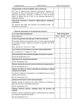 (Segunda Sección) DIARIO OFICIAL Martes 8 de enero de 2013
Irregularidades en elevación (Rigidez, masa y resistencia).
B= Pisos de diferente altura, elementos discontinuos, elementos no
uniformes; M= Pisos de similar altura, no difiere más de un 20% no hay
elementos discontinuos, elementos no uniformes; A= Pisos de similar
altura, no difieren más de un 20% no hay elementos discontinuos y
elementos uniformes.
  
Adecuación estructural a fenómenos. (Meteorológicos, Geológicos
entre otros)
La valoración será similar, pero enfocada a los fenómenos dados. Ej.
Huracanes e inundaciones.
  
3. Aspectos relacionados con la seguridad No estructural
3.3.1 Líneas vitales (Instalaciones) Grado de Seguridad
Sistema Eléctrico BAJO MEDIO ALTO
Cuenta con generador adecuado para el 100% de la demanda.
El evaluador verifica que el generador entre en función segundos después
de la caída de tensión, cubriendo la demanda de urgencias, UCI, CEYE,
quirófano etc.
B=0 – 30%; M= 31 – 70 %; A= 71 – 100%
  
Con pruebas de funcionamiento en las áreas críticas regularmente.
B= > 3 meses; M= 1 – 3 meses; A=< 1 mes.
  
Está el generador adecuadamente protegido de fenómenos naturales.
B= No; M= Parcialmente; A= Sí.
  
Seguridad de las canalizaciones eléctricas.
No; M= Parcialmente; A= Sí.
  
Sistema redundante al servicio local de suministro de energía eléctrica.
No; M= Parcialmente; A= Sí.
  
Sistema con tablero de control e interruptor de sobrecarga y cableado
debidamente protegido.
Corroborar el tablero de control general, su accesibilidad así como su buen
estado y funcionamiento.
No; M= Parcialmente; A= Sí.
  
Sistema de iluminación en sitios clave del hospital.
Realizar recorrido por urgencias, UCI, CEYE, quirófano etc. Verificando el
grado de iluminación, funcionalidad de lámparas.
No; M= Parcialmente; A= Sí.
  
Sistemas eléctricos externos, instalados dentro del perímetro del
hospital.
Verificar si existen subestaciones eléctrica, transformadores que interfieran
con el grado de seguridad del Hospital.
No; M= Parcialmente; A= Sí.
  
 