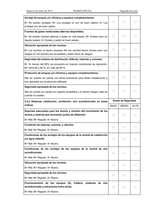 Martes 8 de enero de 2013 DIARIO OFICIAL (Segunda Sección)
Anclaje de tanques y/o cilindros y equipos complementarios
B= No existen anclajes; M= Los anclajes no son de buen calibre; A= Los
anclajes son de buen calibre.
  
Fuentes de gases medicinales alternas disponibles.
B= No existen fuentes alternas o están en mal estado; M= Existen pero en
regular estado; A= Existen y están en buen estado.
  
Ubicación apropiada de los recintos.
B= Los recintos no tienen accesos; M= los recintos tienen acceso pero con
riesgos A= los recintos son accesibles y están libres de riesgos;
  
Seguridad del sistema de distribución (Válvula; tuberías y uniones).
B= Si menos del 60% se encuentra en buenas condiciones de operación;
M= entre 60 y 80 %; A= más del 80 %.
  
Protección de tanques y/o cilindros y equipos complementarios.
Alto es cuando se cuenta con áreas exclusivas para éstas instalaciones y
son operadas por el personal calificado.
  
Seguridad apropiada de los recintos.
Alto es cuando se cuenta con lugares accesibles y no tienen riesgos, bajo es
cuando no existen.
  
3.3.2 Sistemas calefacción, ventilación, aire acondicionado en áreas
críticas
Grado de Seguridad
BAJO MEDIO ALTO
Soportes adecuados para los ductos y revisión del movimiento de los
ductos y tuberías que atraviesan juntas de dilatación.
B= Mal; M= Regular; A= Bueno.
  
Condición de tuberías, uniones, y válvulas.
B= Mal; M= Regular; A= Bueno.
  
Condiciones de los anclajes de los equipos de la central de calefacción
y/o agua caliente.
B= Mal; M= Regular; A= Bueno.
  
Condiciones de los anclajes de los equipos de la central de aire
acondicionado.
B= Mal; M= Regular; A= Bueno.
  
Ubicación apropiada de los recintos.
B= Mal; M= Regular; A= Bueno.
  
Seguridad apropiada de los recintos.
B= Mal; M= Regular; A= Bueno.
  
Funcionamiento de los equipos (Ej. Caldera, sistemas de aire
acondicionado y extractores entre otros).
B= Mal; M= Regular; A= Bueno.
  
 