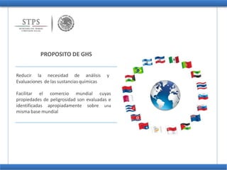 PROPOSITO DE GHS
Reducir la necesidad de análisis y
Evaluaciones de las sustancias químicas
Facilitar el comercio mundial cuyas
propiedades de peligrosidad son evaluadas e
identificadas apropiadamente sobre una
misma base mundial
 