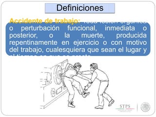 Definiciones
Accidente de trabajo: Toda lesión orgánica
o perturbación funcional, inmediata o
posterior, o la muerte, producida
repentinamente en ejercicio o con motivo
del trabajo, cualesquiera que sean el lugar y
el tiempo en que se preste.
 