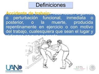 Definiciones
Accidente de trabajo: Toda lesión orgánica
o perturbación funcional, inmediata o
posterior, o la muerte, producida
repentinamente en ejercicio o con motivo
del trabajo, cualesquiera que sean el lugar y
el tiempo en que se preste.
 
