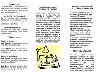 ILUMINACION
La illumination ó luminancia es la          ILUMINACIÓN EN LOS              REQUISITOS DE UN BUEN
relación de flujo luminoso incidente       CENTROS DE TRABAJO               SISTEMA DE ILUMINACIÓN
en una superficie por unidad de
área, expresada en LUX.                 La iluminación de las áreas de    •La iluminación tiene que ser
                                        trabajo y de las vías de          suficiente y la necesaria para
    SISTEMA DE ILUMINACION              circulación    deberán    estar   cada tipo de trabajo.
Es el conjunto de luminarias            colocadas de tal manera que el    •La iluminación tiene que ser
destinadas a proporcionar un nivel      tipo de iluminación previsto no   constante y uniformemente
de iluminación para la realización de   suponga riesgo de accidente       distribuida para evitar la fatiga
actividades específicas.                para los trabajadores, se debe    de los ojos, que deben
                                        contar con una iluminación de     acomodarse a la intensidad
     DESLUMBRAMIENTO                    intensidad suficiente ya que      variable de la luz.
Es cualquier brillo que produce         una    iluminación   deficiente   •Deben evitarse contrastes
molestia, interferencia con la visión   puede ocasionar “fatiga visual”   violentos de luz y sombra, y
o fatiga visual.                        en los ojos y puede ayudar a la   las oposiciones de claro y
                                        deficiente calidad de trabajo y   oscuro.
         CLASES DE LUZ                  es responsable de una buena       •Los focos luminosos tienen
                                        parte de los accidentes de        que estar colocados de
Según su Origen                         trabajo en algunas empresas.      manera que no deslumbren ni
Luz Natural: proporcionada por la                                         produzcan fatiga a la vista
misma luminosidad del día.                                                debido a las constantes
                                                                          acomodaciones.
Luz Artificial: proporcionada por la
iluminación artificial. Como focos,                                           EFECTOS A LA SALUD
lámparas, etc.
                                                                          No existe un efecto a la salud
Según su Naturaleza                                                       conocido derivado de algún
Luz Difusa: Se obtiene por medio                                          problema con la iluminación,
de difusores y produce sombras de                                         sin embargo, la iluminación
bordes muy difusos.                                                       deficiente          y/o        el
                                                                          deslumbramiento             está
Luz Dura: produce sombras bien                                            asociada       con     la   baja
delimitadas en los objetos y las                                          productividad, el cansancio, la
sombras proyectadas por éstos.                                            fatiga y los errores durante las
 