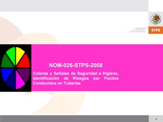 2
NOM-026-STPS-2008
Colores y Señales de Seguridad e Higiene,
Identificación de Riesgos por Fluidos
Conducidos en Tuberías
 