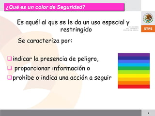 6
Es aquél al que se le da un uso especial y
restringido
Se caracteriza por:
indicar la presencia de peligro,
proporcionar información o
prohíbe o indica una acción a seguir
¿Qué es un color de Seguridad?¿Qué es un color de Seguridad?
 