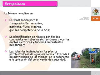 9
La Norma no aplica en:
La señalización para la
transportación terrestre,
marítima, fluvial o aérea,
que sea competencia de la SCT;
La identificación de riesgos por fluidos
conducidos en tuberías subterráneas u ocultas,
ductos eléctricos y tuberías en centrales
nucleares, y
Las tuberías instaladas en las plantas
potabilizadoras de agua, así como en las redes
de distribución de las mismas, en lo referente
a la aplicación del color verde de seguridad.
ExcepcionesExcepciones
 