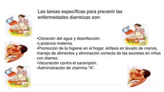 •Cloración del agua y desinfección.
•Lactancia materna.
•Promoción de la higiene en el hogar, énfasis en lavado de manos,
manejo de alimentos y eliminación correcta de las excretas en niños
con diarrea.
•Vacunación contra el sarampión.
•Administración de vitamina "A“.
Las tareas específicas para prevenir las
enfermedades diarreicas son:
 