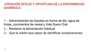 ATENCIÓN EFICAZ Y OPORTUNA DE LA ENFERMEDAD
DIARREICA
1.- Administración de líquidos en forma de tés, agua de
frutas, cocimientos de cereal y Vida Suero Oral.
2.- Mantener la alimentación habitual.
3.- Que la madre sea capaz de identificar complicaciones.
 