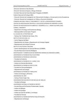 Jueves 30 de diciembre de 2010 DIARIO OFICIAL (Segunda Sección) 3
-Dirección General de Vida Silvestre
-Dirección General de Impacto y Riesgo Ambiental
-Comisión Nacional de Areas Naturales Protegidas (CONANP)
Instituto Nacional de Ecología (INE)
- Dirección General de Investigación de Ordenamiento Ecológico y Conservación de los Ecosistemas
- Dirección General de Investigación en Política y Economía Ambiental
COMISION NACIONAL PARA EL CONOCIMIENTO Y USO DE LA BIODIVERSIDAD (CONABIO)
CENTRO DE INVESTIGACION CIENTIFICA Y EDUCACION SUPERIOR DE ENSENADA (CICESE)
CENTRO DE INVESTIGACION EN ALIMENTOS Y DESARROLLO A.C., UNIDAD GUAYMAS (CIAD)
CORNELL UNIVERSITY
- Department of Ecology and Evolutionary Biology
- Neotropical Bird Conservation Program
EL COLEGIO DE LA FRONTERA SUR
- Campus San Cristóbal de las Casas, Chis.
INSTITUTO DE ECOLOGIA, A.C.
- Centro Regional del Bajío
- Departamento de Hongos y Departamento de Ecología Vegetal
- Departamento de Ecología Funcional
INSTITUTO POLITECNICO NACIONAL
- Centro Interdisciplinario de Ciencias Marinas (CICIMAR)
- Escuela Nacional de Ciencias Biológicas
INVESTIGACION Y CONSERVACION DE MAMIFEROS MARINOS DE ENSENADA (ICMME)
UNIVERSIDAD AUTONOMA DE BAJA CALIFORNIA
UNIVERSIDAD AUTONOMA DE CHIHUAHUA
- Facultad de Zootecnia
UNIVERSIDAD AUTONOMA DE CD. JUAREZ, CHIH.
- Instituto de Ciencias Biomédicas
UNIVERSIDAD AUTONOMA DE NUEVO LEON
- Facultad de Ciencias Biológicas
- Departamento de Ecología
UNIVERSIDAD AUTONOMA DE TAMAULIPAS
- Instituto de Ecología y Alimentos
UNIVERSIDAD DEL MAR
- Campus Puerto Angel, Oax.
UNIVERSIDAD MICHOACANA DE SAN NICOLAS DE HIDALGO
- Facultad de Biología
UNIVERSIDAD NACIONAL AUTONOMA DE MEXICO
- Escuela Nacional de Estudios Profesionales, Iztacala
- Instituto de Biología
- Instituto de Ecología
- Instituto de Ciencias del Mar y Limnología
- Facultad de Ciencias
UNIVERSIDAD AUTONOMA METROPOLITANA IZTAPALAPA
- Departamento de Biología
 