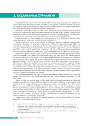 2. ÑÓÄÀËÃÀÀÍÛ ÕÓÐÀÀÍÃÓÉ
Õºäºëìºðèéí çàõ çýýëèéí ýðýëòèéí áàðîìåòðèéí ýíýõ¿¿ õî¸ð äàõü óäààãèéí ñóäàëãààíä
àíõíû ñóäàëãààíä õàìðàãäñàí ýäèéí çàñãèéí 8 ñàëáàðò ¿éë àæèëëàãàà ÿâóóëæ áóé 3000
àæ àõóéí íýãæèéã äàõèí õàìðóóëàí, õàíäàëò õèéñýí. Ìºí ò¿¿í÷ëýí 100 òîìîîõîí àæ àõóéí
íýãæ áàéãóóëëàãóóäààð ñóäàëãààíû ò¿¿âðèéã áàÿæóóëñàí.
Ìýäýýëýë öóãëóóëàõ àæëûí ¿ð ä¿íä 28731 àæ àõóéí íýãæ áàéãóóëëàãààñ ìýäýýëýë
öóãëóóëñàí áà ºíãºðñºí æèë ñóäàëãààíä õàìðàãäñàí 227 àæ àõóéí íýãæýýñ ìýäýýëýë àâ÷
÷àäààã¿é. ¯¿íèé ãîë øàëòãààí íü õàðèëöàà õîëáîî òîãòîîõ áîëîìæã¿é áàéñàí, õàÿã áàéðøèë
ñîëèãäñîí, ¿éë àæèëëàãàà íü çîãññîí çýðýã õ¿÷èí ç¿éëòýé õîëáîîòîé áàéëàà.
Ñóäàëãààíû ¿ð ä¿íãýýñ ¿çýõýä àæèë îëãîã÷äûí èõýíõè íü áóþó 92.2 õóâü íü áàðîìåòðèéí
ñóäàëãààíä äàõèí õàìðàãäàõ ñîíèðõîëòîéãîî èëýðõèéëñýí.
Ìàíàé ñóäàëãààíû ¿íäñýí ¿ð ä¿íãèéí íýã íü îéðûí íýã æèëèéí õóãàöààíû õºäºëìºðèéí
çàõ çýýëèéí ýðýëòèéí ÷èã õàíäëàãûí ìýäýýëýë þì. Îéðûí íýã æèëèéí õóãàöààã 2012 îíû
4 ä¿ãýýð ñàðààñ 2013 îíû 3 äóãààð ñàð õ¿ðòýëõ õóãàöàà ãýæ îéëãîõ áà ìàíàé ñóäàëãààíä
ýíýõ¿¿ íýã æèëèéí õóãàöààíû ìýäýýëëèéã ýõíèé 6 ñàð áîëîí ñ¿¿ë÷èéí 6 ñàð ãýñýí áàéäëààð
ÿëãàí àâ÷ ¿çñýí. Ó÷èð íü Ìîíãîë óëñ íü áàéãàëü, öàã óóðûí îíöëîã áàéäëààñ õàìààðàëòàé
óëèðëûí ÷àíàðòàé àæèëëàõ õ¿÷íèé ýðýëò õýðýãöýýíèé õýëáýëçýë èõ áàéäàãòàé õîëáîîòîé.
Îéðûí íýã æèëèéí ýõíèé 6 ñàðûí õóãàöààíä2 óëñûí õýìæýýíä áàéíãûí áîëîí ò¿ð àæëûí
áàéðíû òîî õýìæýý 7.8 õóâèàð áóþó 57804-ººð íýìýãäýíý. Íèéò áèé áîëîõ àæëûí áàéðíû
67 õóâü íü áàéíãûí, ¿ëäñýí 33 õóâü íü ò¿ð àæëûí áàéð áàéõààð òîîöîîëîãäñîí. Ñàëáàðûí
òàðõàëòààð àâ÷ ¿çâýë õºäºº àæ àõóéí ñàëáàð íü îëîí òîîíû ò¿ð àæèëòíû õýðýãöýýíýýñ
õàìààðàëòàéãààð àæèëëàõ õ¿÷íèé ýðýëò õàìãèéí ºíäºð áàéõ ñàëáàðààð òîîöîîëîãäñîí.
Ìºí ò¿¿í÷ëýí áàðèëãûí ñàëáàðò íèéò 16.4 õóâèéí àæèëëàõ õ¿÷íèé ºñºëò ãàðàõààð áàéãàà
áà áóñàä 6 ñàëáàðóóäàä 3.7 õóâèàñ 8.5 õóâèéí àæèëëàõ õ¿÷íèé ºñºëò ãàðàõààð áàéíà. Á¿ñ
íóòãèéí áàéðøëûí õóâüä òºâèéí á¿ñèéí õºäºëìºðèéí çàõ çýýë àæèëëàõ õ¿÷íèé øèíãýýëò
õàìãèéí èõ áàéõààð áóþó 20.6 õóâèéí ºñºëòèéã õ¿ëýýæ áóéãààð òîîöîîëîãäñîí. Õàðèí
Óëààíáààòðûí õýìæýýíä õàìãèéí áàãà ºñºëò ãàðàõààð áàéãàà íü ºìíºõ æèëèéí ñóäàëãààíû
¿ð ä¿íãýýñ íýëýýä ÿëãààòàé ¿ð ä¿í áàéëàà.
Äîòîîäûí õºäºëìºðèéí çàõ çýýëä îéðûí íýã æèëèéí õóãàöààíû ýõíèé 6 ñàðä áàéíãûí
àæëûí áàéð 10.7 õóâü áóþó 38593-ààð ºñºõ áîëîìæ áàéãààã ìàíàé ñóäàëãààíû ¿ð ä¿í
õàðóóëëàà.
Ýäèéí çàñãèéí ¿éë àæèëëàãààíû ñàëáàðóóäààñ áóñàä ñàëáàðòàé õàðüöóóëàõàä áàðèëãûí
ñàëáàðò õàìãèéí îëîí òîîíû áàéíãûí àæèëòàí õýðýãöýýòýé áàéõààð òîîöîîëîãäîæ 16.3
õóâèéí ºñºëòèéã õàðóóëæ áàéíà. Õàðèí õóäàëäààíû ñàëáàðò õàìãèéí áàãà áóþó 6.4 õóâèéí
áàéíãûí àæèëòíû ºñºëò áèé áîëîõ òºëºâòýé áàéíà. Á¿ñ íóòãèéí áàéðøëààð àæèëëàõ
õ¿÷íèé ýðýëò õýðýãöýý õàðèëöàí àäèëã¿é áàéíà. Óëñûí õýìæýýíä òºâèéí á¿ñèéí àéìãóóäàä
õàìãèéí îëîí òîîíû áàéíãûí àæëûí áàéð áèé áîëîõ áóþó ýäãýýð àéìãóóäàä 20.6 õóâèéí
ºñºëò ãàðàõààð òîîöîîëîãäñîí. Õàðèí áóñàä 4 á¿ñèéí òóõàéä áàðóóí á¿ñýä 11.9 õóâü,
Õàíãàéí á¿ñýä 8.5 õóâü, Ç¿¿í á¿ñýä 7.5 õóâü, Óëààíáààòàðò 7.2 õóâü ãýñýí ýðýìáýýð òóñ òóñ
áàéíãûí àæèëëàõ õ¿÷íèé ºñºëò áèé áîëíî.
Õàðèí óëñûí õýìæýýíä îéðûí íýã æèëèéí ýõíèé 6 ñàðä ò¿ð àæëûí áàéð 4.8 õóâèàð
áóþó 19211-ýýð ºñºõ ä¿ð çóðàã ãàðñàí.

1	

2	

10

¯ÑÕ-íû Àæ àõóéí íýãæ áàéãóóëëàãûí 2011 îíû òîîëëîãûí ¿ð ä¿í: 2011 îíû ñ¿¿ë÷èéí áàéäëààð áèçíåñ
ðåãèñòðèéí ñàíä á¿ðòãýëòýé, èäýâõòýé ¿éë àæèëëàãàà ÿâóóëæ áóé àæ àõóéí íýãæ, áàéãóóëëàãûí òîî
48086 áàéíà. ¯¿íýýñ áàðîìåòðèéí ñóäàëãààíä õàìðóóëñàí ýäèéí çàñãèéí ñàëáàðóóäàä 41303 ÀÀÍÁ ¿éë
àæèëëàãàà ÿâóóëäàã.	
Ñóäàëãààíû ìýäýýëýë öóãëóóëñàí ñàðààñ õîéø 6 ñàðûí òóðø, ººðººð õýëáýë 2012 îíû 4 ä¿ãýýð ñàðààñ
2012 îíû 9 ä¿ãýýð ñàð õ¿ðòýëõ õóãàöàà

ÕªÄªËÌªÐÈÉÍ ÒªÂ ÁÈÐÆ 2012

 
