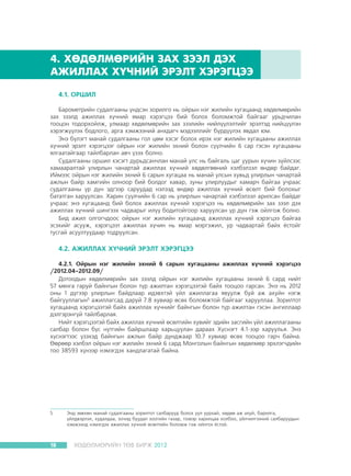 4. ÕªÄªËÌªÐÈÉÍ ÇÀÕ ÇÝÝË ÄÝÕ
ÀÆÈËËÀÕ Õ¯×ÍÈÉ ÝÐÝËÒ ÕÝÐÝÃÖÝÝ
4.1. ÎÐØÈË
Áàðîìåòðèéí ñóäàëãààíû ¿íäñýí çîðèëãî íü îéðûí íýã æèëèéí õóãàöààíä õºäºëìºðèéí
çàõ çýýëä àæèëëàõ õ¿÷íèé ÿìàð õýðýãöýý áèé áîëîõ áîëîìæòîé áàéãààã óðüä÷èëàí
òîîöîí òîäîðõîéëæ, óëìààð õºäºëìºðèéí çàõ çýýëèéí íèéë¿¿ëýëòèéã ýðýëòýä íèéö¿¿ëýí
õýðýãæ¿¿ëýõ áîäëîãî, àðãà õýìæýýíèé àíõäàã÷ ìýäýýëëèéã á¿ðä¿¿ëýõ ÿâäàë þì.
Ýíý á¿ëýãò ìàíàé ñóäàëãààíû ãîë öºì õýñýã áîëîõ èðýõ íýã æèëèéí õóãàöààíû àæèëëàõ
õ¿÷íèé ýðýëò õýðýãöýýã îéðûí íýã æèëèéí ýõíèé áîëîí ñ¿¿ë÷èéí 6 ñàð ãýñýí õóãàöààíû
ÿëãààòàéãààð òàéëáàðëàí àâ÷ ¿çýõ áîëíî.
Ñóäàëãààíû îðøèë õýñýãò äóðüäñàí÷ëàí ìàíàé óëñ íü áàéãàëü öàã óóðûí õ¿÷èí ç¿éëñýýñ
õàìààðàëòàé óëèðëûí ÷àíàðòàé àæèëëàõ õ¿÷íèé õºäºëãººíèé õýëáýëçýë ºíäºð áàéäàã.
Èéìýýñ îéðûí íýã æèëèéí ýõíèé 6 ñàðûí õóãàöàà íü ìàíàé óëñûí õóâüä óëèðëûí ÷àíàðòàé
àæëûí áàéð õàìãèéí îëíîîð áèé áîëäîã õàâàð, çóíû óëèðëóóäûã õàìàð÷ áàéãàà ó÷ðààñ
ñóäàëãààíû ¿ð ä¿í ýäãýýð ñàðóóäàä íýëýýä ºíäºð àæèëëàõ õ¿÷íèé ºñºëò áèé áîëîõûã
áàòàòãàí õàðóóëñàí. Õàðèí ñ¿¿ë÷èéí 6 ñàð íü óëèðëûí ÷àíàðòàé õýëáýëçýë àðèëñàí áàéäàã
ó÷ðààñ ýíý õóãàöààíä áèé áîëîõ àæèëëàõ õ¿÷íèé õýðýãöýý íü õºäºëìºðèéí çàõ çýýë äýõ
àæèëëàõ õ¿÷íèé øèíãýýõ ÷àäâàðûã èë¿¿ áîäèòîéãîîð õàðóóëñàí ¿ð ä¿í ãýæ îéëãîæ áîëíî.
Áèä àæèë îëãîã÷äîîñ îéðûí íýã æèëèéí õóãàöààíä àæèëëàõ õ¿÷íèé õýðýãöýý áàéãàà
ýñýõèéã àñóóæ, õýðýãöýýò àæèëëàõ õ¿÷èí íü ÿìàð ìýðãýæèë, óð ÷àäâàðòàé áàéõ ¸ñòîéã
òóñãàé àñóóëòóóäààð òîäðóóëñàí.

4.2. ÀÆÈËËÀÕ Õ¯×ÍÈÉ ÝÐÝËÒ ÕÝÐÝÃÖÝÝ
4.2.1. Îéðûí íýã æèëèéí ýõíèé 6 ñàðûí õóãàöààíû àæèëëàõ õ¿÷íèé õýðýãöýý
/2012.04-2012.09/
Äîòîîäûí õºäºëìºðèéí çàõ çýýëä îéðûí íýã æèëèéí õóãàöààíû ýõíèé 6 ñàðä íèéò
57 ìÿíãà ãàðóé áàéíãûí áîëîí ò¿ð àæèëòàí õýðýãöýýòýé áàéõ òîîöîî ãàðñàí. Ýíý íü 2012
îíû 1 ä¿ãýýð óëèðëûí áàéäëààð èäýâõòýé ¿éë àæèëëàãàà ÿâóóëæ áóé àæ àõóéí íýãæ
áàéãóóëëàãûí5 àæèëëàãñàä äàðóé 7.8 õóâèàð ºñºõ áîëîìæòîé áàéãààã õàðóóëëàà. Çîðèëòîò
õóãàöààíä õýðýãöýýòýé áàéõ àæèëëàõ õ¿÷íèéã áàéíãûí áîëîí ò¿ð àæèëòàí ãýñýí àíãèëëààð
äýëãýðýíã¿é òàéëáàðëàÿ.
Íèéò õýðýãöýýòýé áàéõ àæèëëàõ õ¿÷íèé ºñºëòèéí õóâèéã ýäèéí çàñãèéí ¿éë àæèëëàãààíû
ñàëáàð áîëîí á¿ñ íóòãèéí áàéðøëààð õàðüöóóëàí äàðààõ Õ¿ñíýãò 4.1-ýýð õàðóóëüÿ. Ýíý
õ¿ñíýãòýýñ ¿çýõýä áàéíãûí àæëûí áàéð äóíäæààð 10.7 õóâèàð ºñºõ òîîöîî ãàð÷ áàéíà.
ªºðººð õýëáýë îéðûí íýã æèëèéí ýõíèé 6 ñàðä Ìîíãîëûí áàéíãûí õºäºëìºð ýðõëýã÷äèéí
òîî 38593 õ¿íýýð íýìýãäýõ õàíäëàãàòàé áàéíà.

5	

18

Ýíä çºâõºí ìàíàé ñóäàëãààíû çîðèëòîò ñàëáàðóóä áîëîõ óóë óóðõàé, õºäºº àæ àõóé, áàðèëãà,
¿éëäâýðëýë, õóäàëäàà, çî÷èä áóóäàë çîîãèéí ãàçàð, òýýâýð õàðèëöàà õîëáîî, ¿éë÷èëãýýíèé ñàëáàðóóäûí
õýìæýýíä íýìýãäýõ àæèëëàõ õ¿÷íèé ºñºëòèéí áîëîìæ ãýæ îéëãîõ ¸ñòîé.

ÕªÄªËÌªÐÈÉÍ ÒªÂ ÁÈÐÆ 2012

 