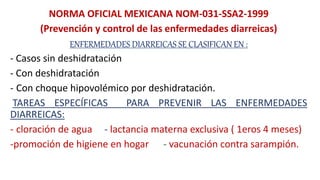 NORMA OFICIAL MEXICANA NOM-031-SSA2-1999
(Prevención y control de las enfermedades diarreicas)
ENFERMEDADES DIARREICAS SE CLASIFICAN EN :
- Casos sin deshidratación
- Con deshidratación
- Con choque hipovolémico por deshidratación.
TAREAS ESPECÍFICAS PARA PREVENIR LAS ENFERMEDADES
DIARREICAS:
- cloración de agua - lactancia materna exclusiva ( 1eros 4 meses)
-promoción de higiene en hogar - vacunación contra sarampión.
 
