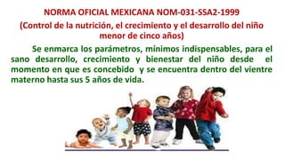 NORMA OFICIAL MEXICANA NOM-031-SSA2-1999
(Control de la nutrición, el crecimiento y el desarrollo del niño
menor de cinco años)
Se enmarca los parámetros, mínimos indispensables, para el
sano desarrollo, crecimiento y bienestar del niño desde el
momento en que es concebido y se encuentra dentro del vientre
materno hasta sus 5 años de vida.
 