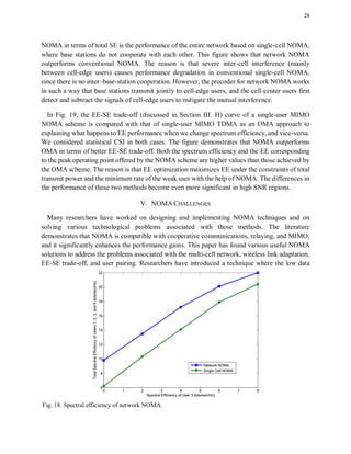 28
NOMA in terms of total SE is the performance of the entire network based on single-cell NOMA,
where base stations do not cooperate with each other. This figure shows that network NOMA
outperforms conventional NOMA. The reason is that severe inter-cell interference (mainly
between cell-edge users) causes performance degradation in conventional single-cell NOMA,
since there is no inter–base-station cooperation. However, the precoder for network NOMA works
in such a way that base stations transmit jointly to cell-edge users, and the cell-center users first
detect and subtract the signals of cell-edge users to mitigate the mutual interference.
In Fig. 19, the EE-SE trade-off (discussed in Section III. H) curve of a single-user MIMO
NOMA scheme is compared with that of single-user MIMO TDMA as an OMA approach to
explaining what happens to EE performance when we change spectrum efficiency, and vice-versa.
We considered statistical CSI in both cases. The figure demonstrates that NOMA outperforms
OMA in terms of better EE-SE trade-off. Both the spectrum efficiency and the EE corresponding
to the peak operating point offered by the NOMA scheme are higher values than those achieved by
the OMA scheme. The reason is that EE optimization maximizes EE under the constraints of total
transmit power and the minimum rate of the weak user with the help of NOMA. The differences in
the performance of these two methods become even more significant in high SNR regions.
V. NOMA CHALLENGES
Many researchers have worked on designing and implementing NOMA techniques and on
solving various technological problems associated with those methods. The literature
demonstrates that NOMA is compatible with cooperative communications, relaying, and MIMO,
and it significantly enhances the performance gains. This paper has found various useful NOMA
solutions to address the problems associated with the multi-cell network, wireless link adaptation,
EE-SE trade-off, and user pairing. Researchers have introduced a technique where the low data
Fig. 18. Spectral efficiency of network NOMA.
 