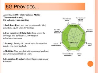 5G PROVIDES…
According to IMT (International Mobile
Telecommunications)
5G technology can provide:
1.Peak Data Rate: max rate per user under ideal
conditions i.e, 10 Gbps for mobiles.
2.User experienced Data Rate: Rate across the
coverage area per user i.e., 100 Mbps in
urban/suburban areas.
3.Latency: latency of 1 ms or lower for uses that
require real-time feedback.
4.Mobility: Max speed at which seamless handover
and QoS is guaranteed for Users.
5.Connection Density: Million Devices per square
kilometer.
 