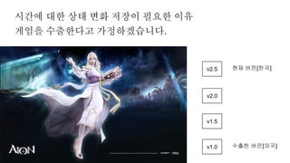 시간에 대한 상태 변화 저장이 필요한 이유
게임을 수출한다고 가정하겠습니다.
v1.0
v1.5
v2.0
v2.5 현재 버전[한국]
수출한 버전[외국]
 