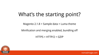 nomadmage.com
What’s the starting point?
Magento 2.1.8 + Sample data + Luma theme
Miniﬁcation and merging enabled, bundling oﬀ
HTTPS + HTTP/2 + GZIP
 