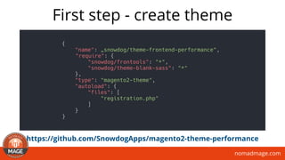 nomadmage.com
First step - create theme
{
"name": „snowdog/theme-frontend-performance",
"require": {
"snowdog/frontools": "*",
"snowdog/theme-blank-sass": "*"
},
"type": "magento2-theme",
"autoload": {
"files": [
"registration.php"
]
}
}
https://github.com/SnowdogApps/magento2-theme-performance
 