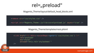 nomadmage.com
rel=„preload"
<link href="<?= $this->assetRepo->getUrl('css/styles.css') ?>"
rel="preload"
as="style"
onload="this.rel='stylesheet'"
/>
Magento_Theme/templates/root.phtml
Magento_Theme/layout/default_head_blocks.xml
<remove src="css/styles.css" />
<script src="Magento_Theme::js/lib/cssrelpreload.js" async="true" />
 