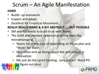 Scrum – An Agile Manifestation
HARD
• Builds up teamwork
• Inspect and Adapt.
• Excellent for Empirical Movement
REALLY REALLY HARD & A BIT ABSTRACT …. BUT POSSIBLE
• SM and PO needs to build trust with Teams.
• The SUM and detailed cadential planning feels like
micromanaging
• Teams fall in the trap of depending on PO to plan and
“think” for them.
• Very often end up being spoon fed and reduce in
motivation
• We just do the sprint backlog. (any extras? Need PO
to figure out also)
 